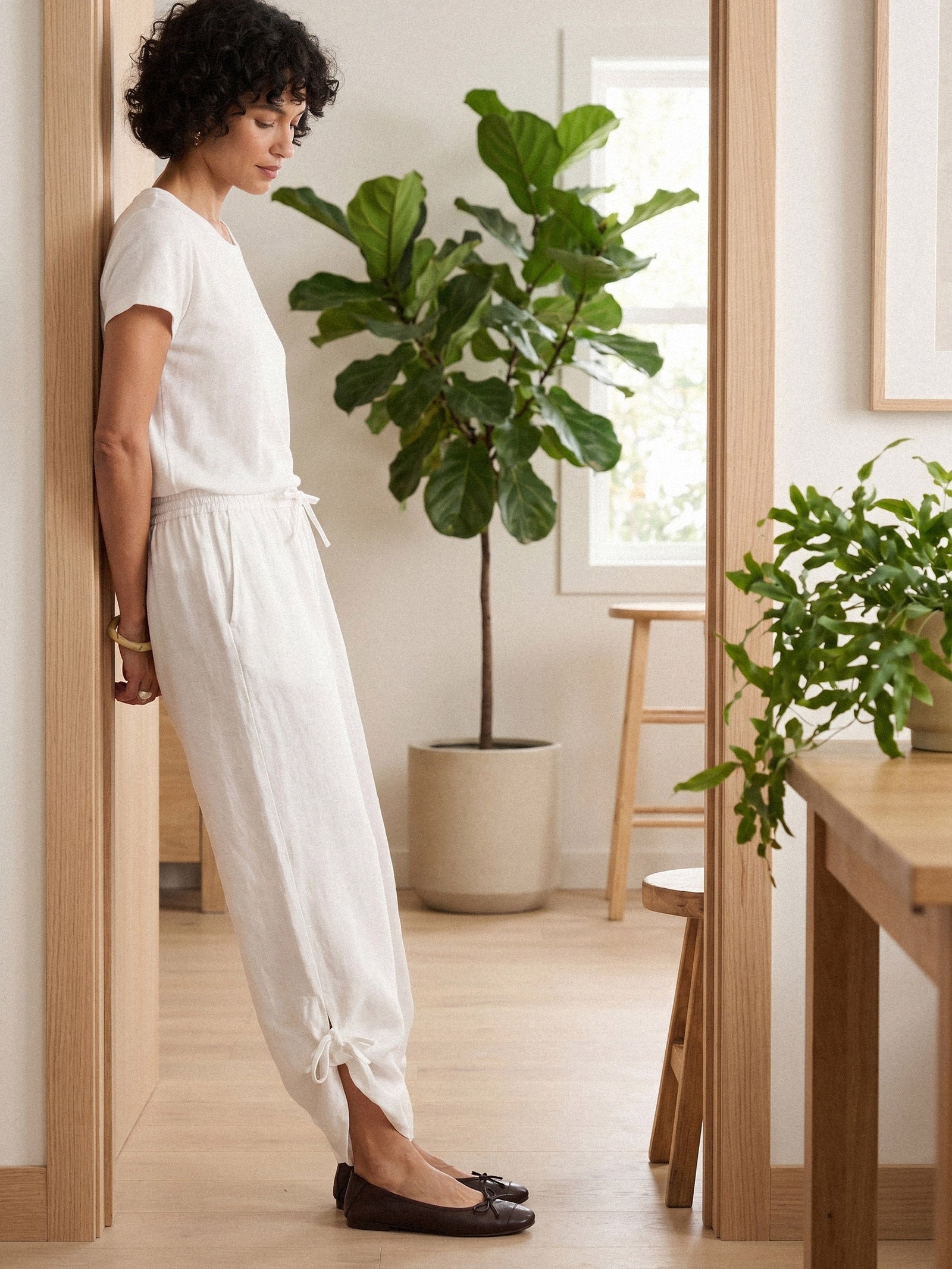 100% Linen Convertible Drawstring Hem Elasticated Waist Wide-Leg Pants YSELINE-LINTICO