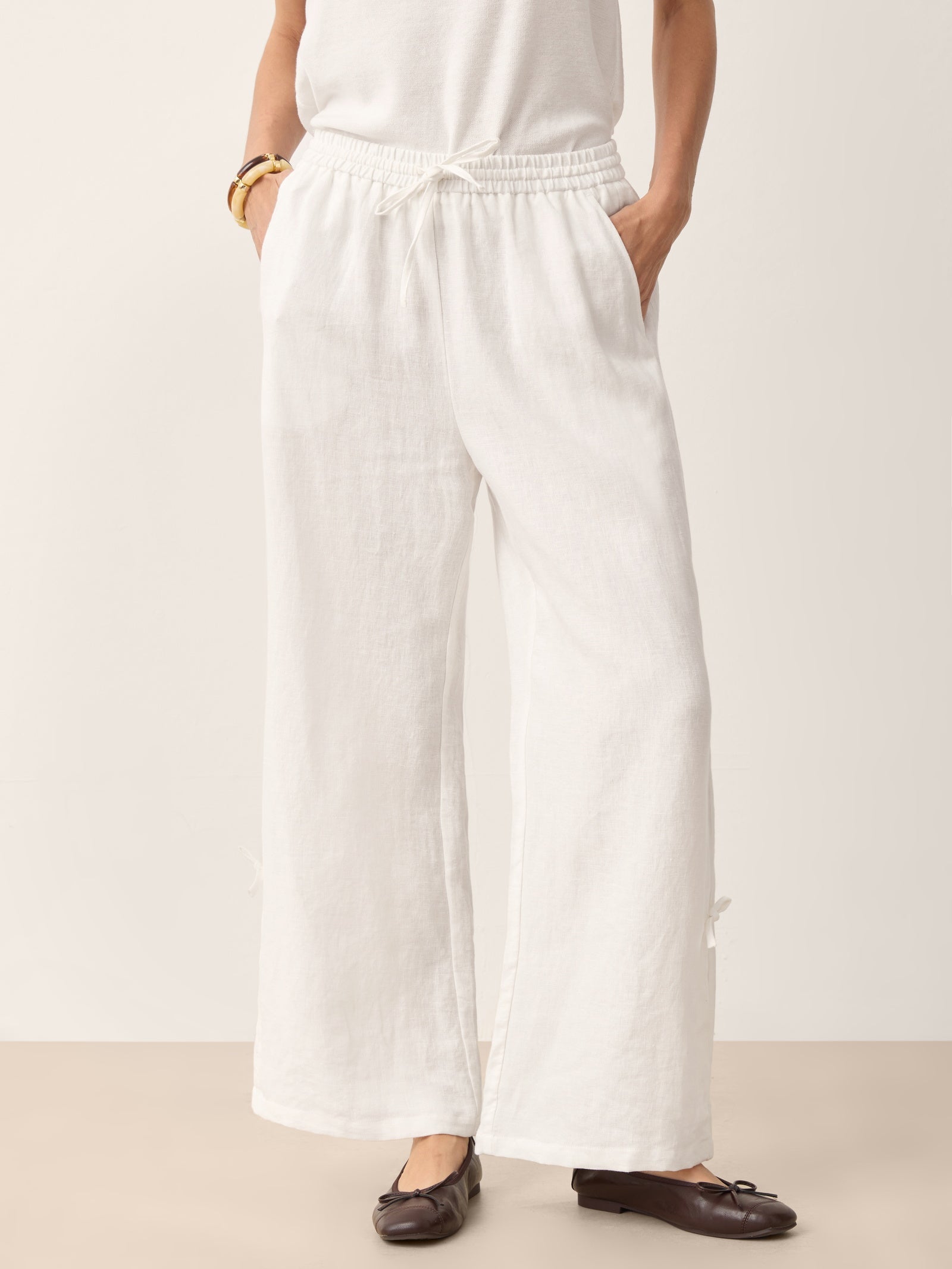 100% Linen Convertible Drawstring Hem Elasticated Waist Wide-Leg Pants YSELINE-LINTICO