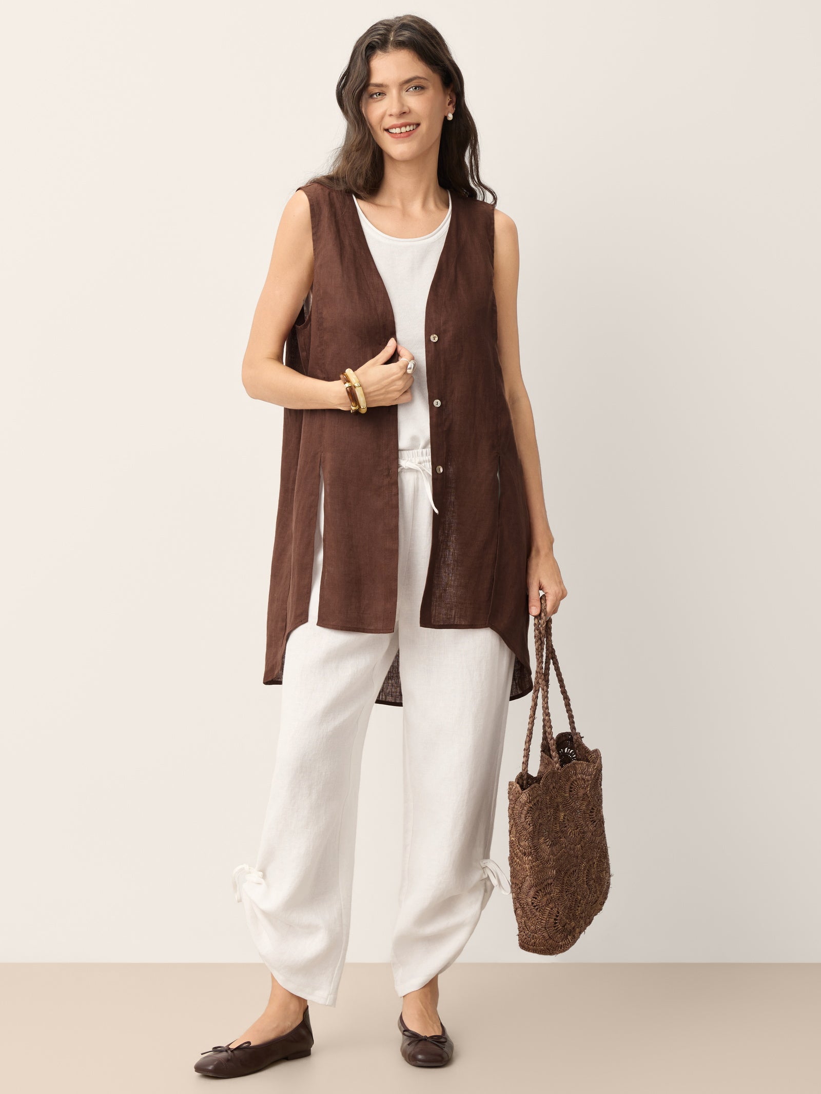100% Linen Convertible Drawstring Hem Elasticated Waist Wide-Leg Pants YSELINE-LINTICO