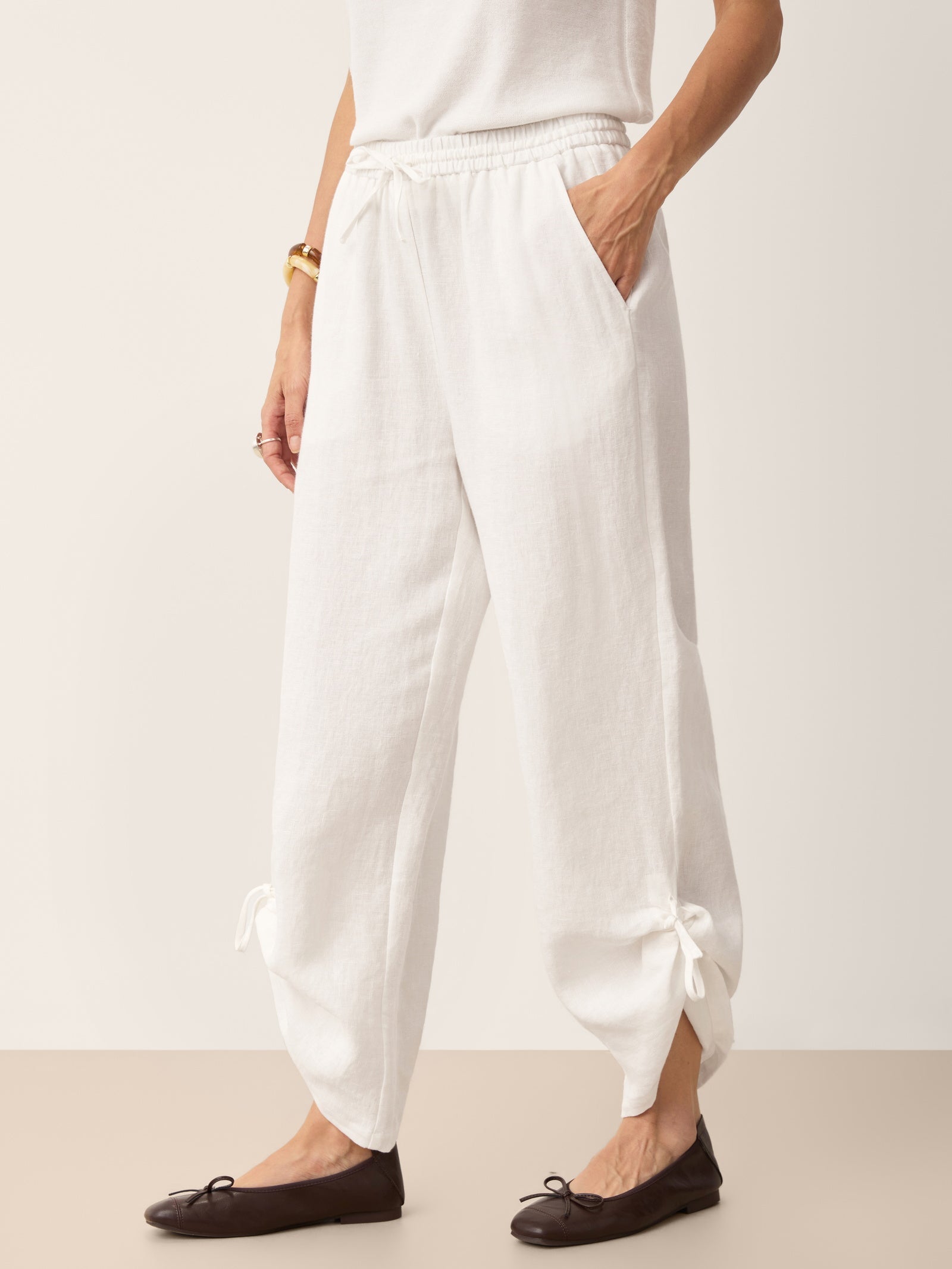 100% Linen Convertible Drawstring Hem Elasticated Waist Wide-Leg Pants YSELINE-LINTICO