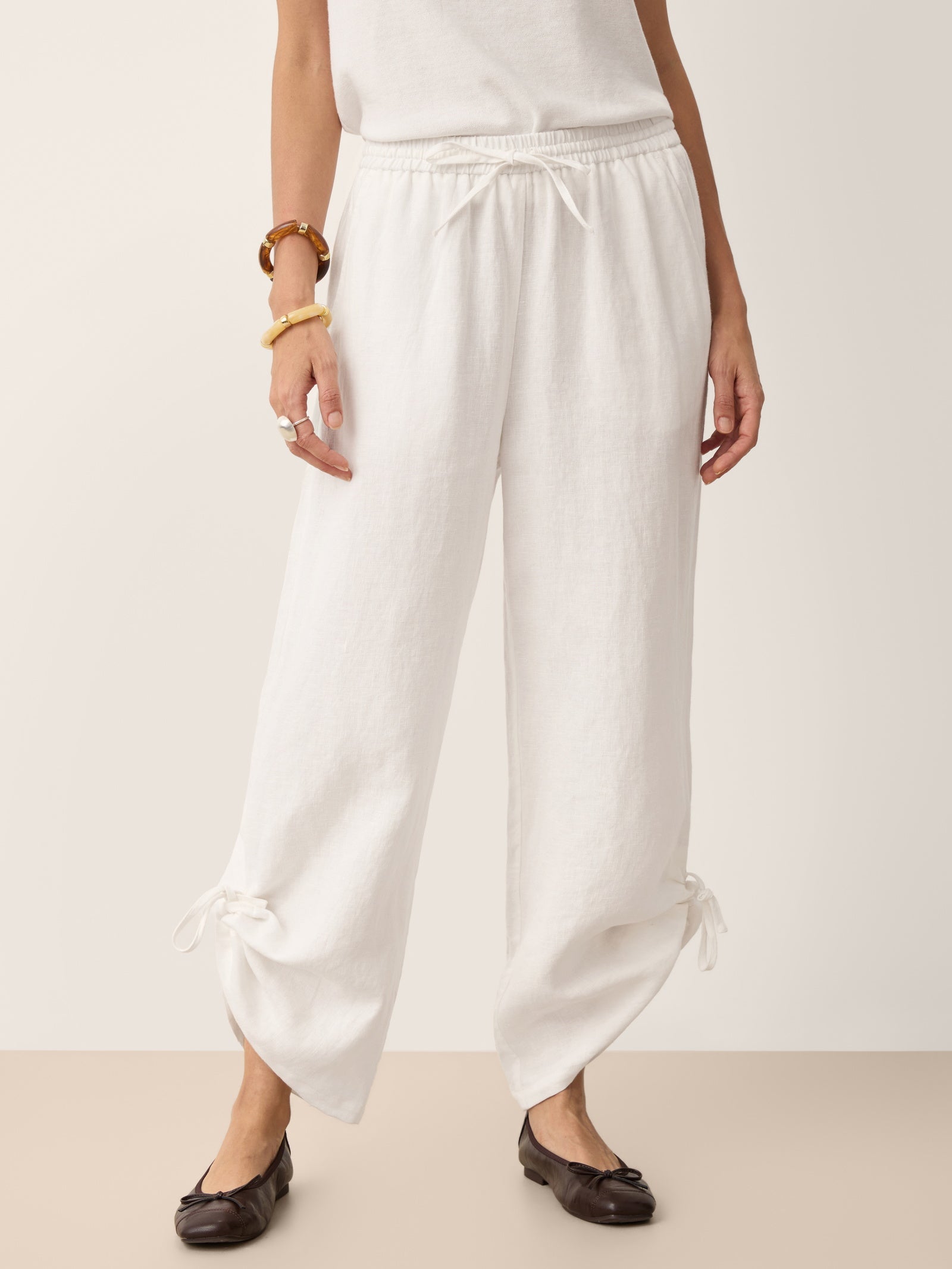 100% Linen Convertible Drawstring Hem Elasticated Waist Wide-Leg Pants YSELINE-LINTICO