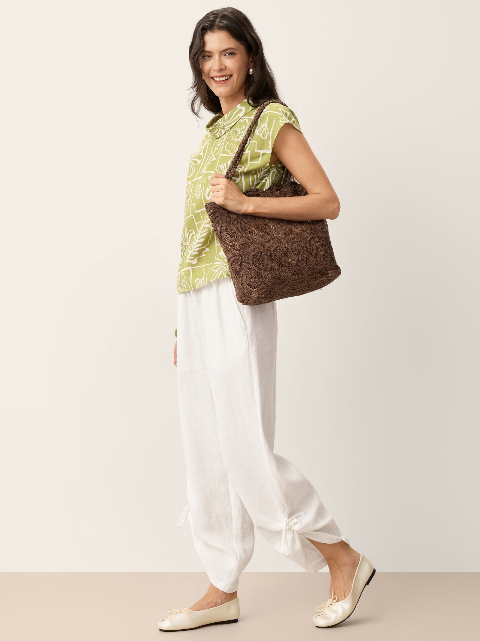 100% Linen Convertible Drawstring Hem Elasticated Waist Wide-Leg Pants YSELINE-LINTICO