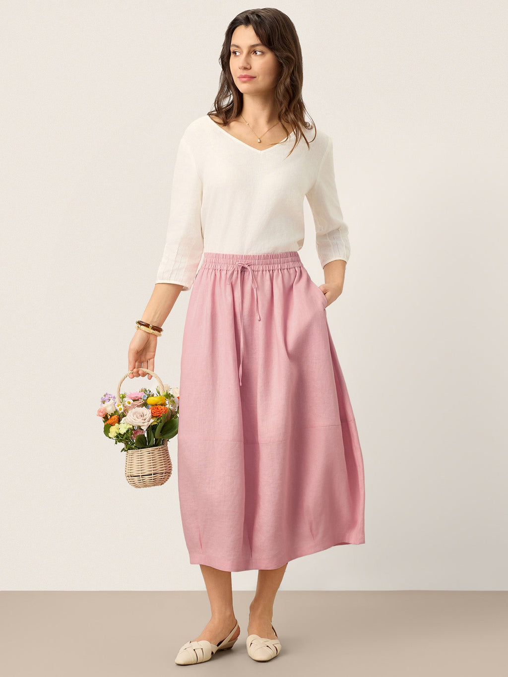 100% Linen Drawstring Lantern Maxi Skirt with Pockets ROXANNE