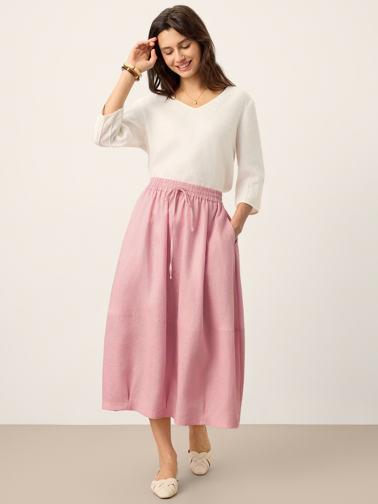 100% Linen Drawstring Lantern Maxi Skirt with Pockets ROXANNE