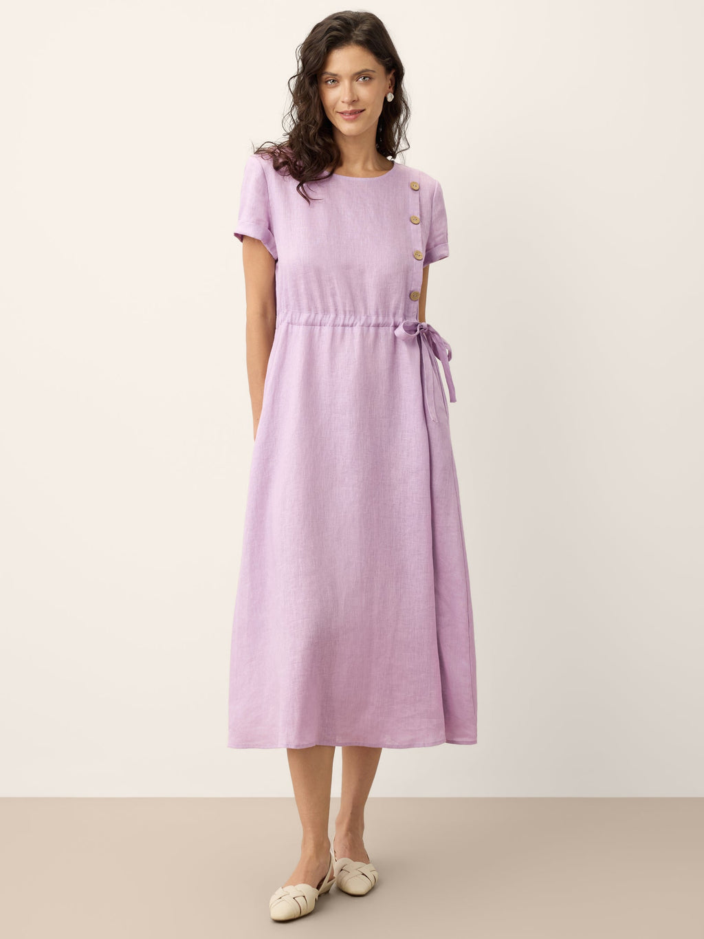 100% Linen Drawstring Waist Button Detail Midi Dress SENNA-LINTICO