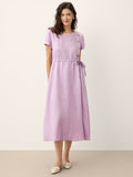 100% Linen Drawstring Waist Button Detail Midi Dress SENNA-LINTICO