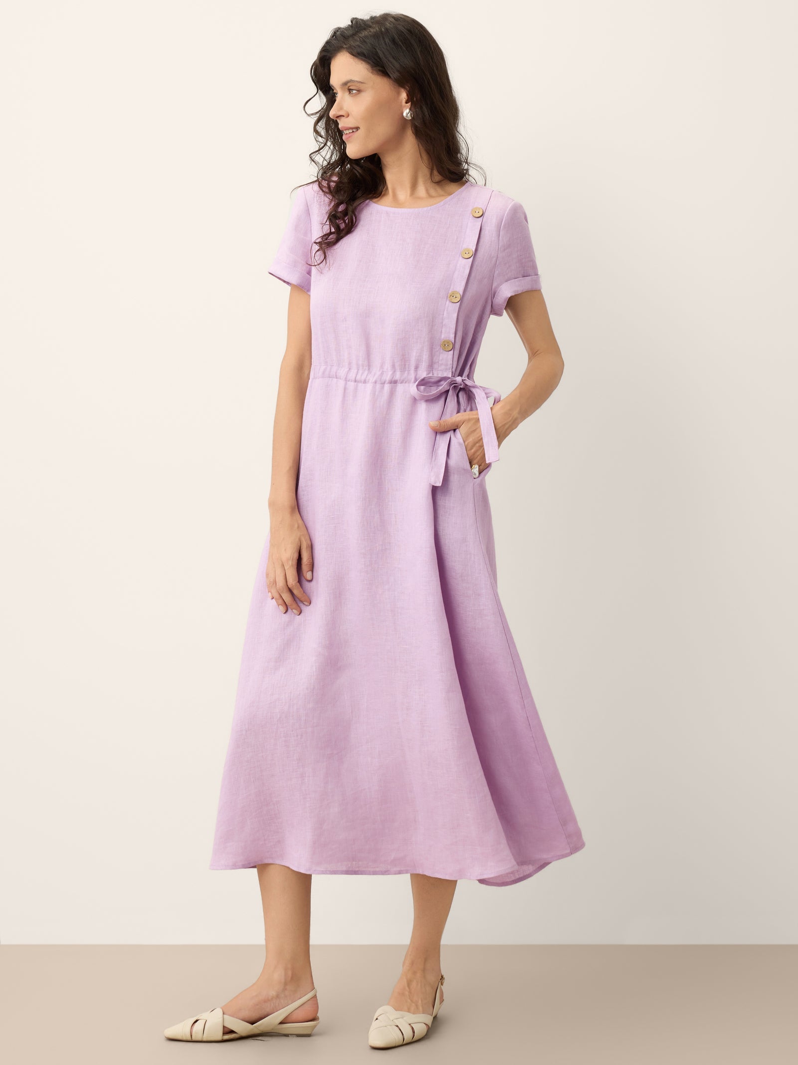 100% Linen Drawstring Waist Button Detail Midi Dress SENNA-LINTICO