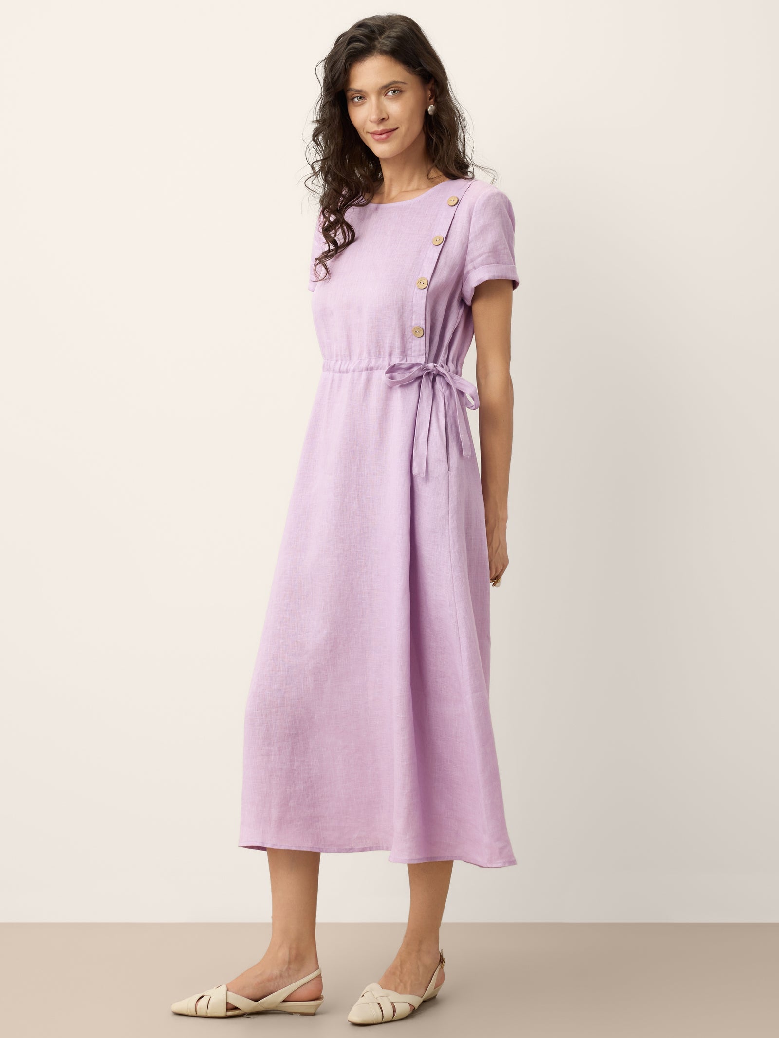100% Linen Drawstring Waist Button Detail Midi Dress SENNA-LINTICO