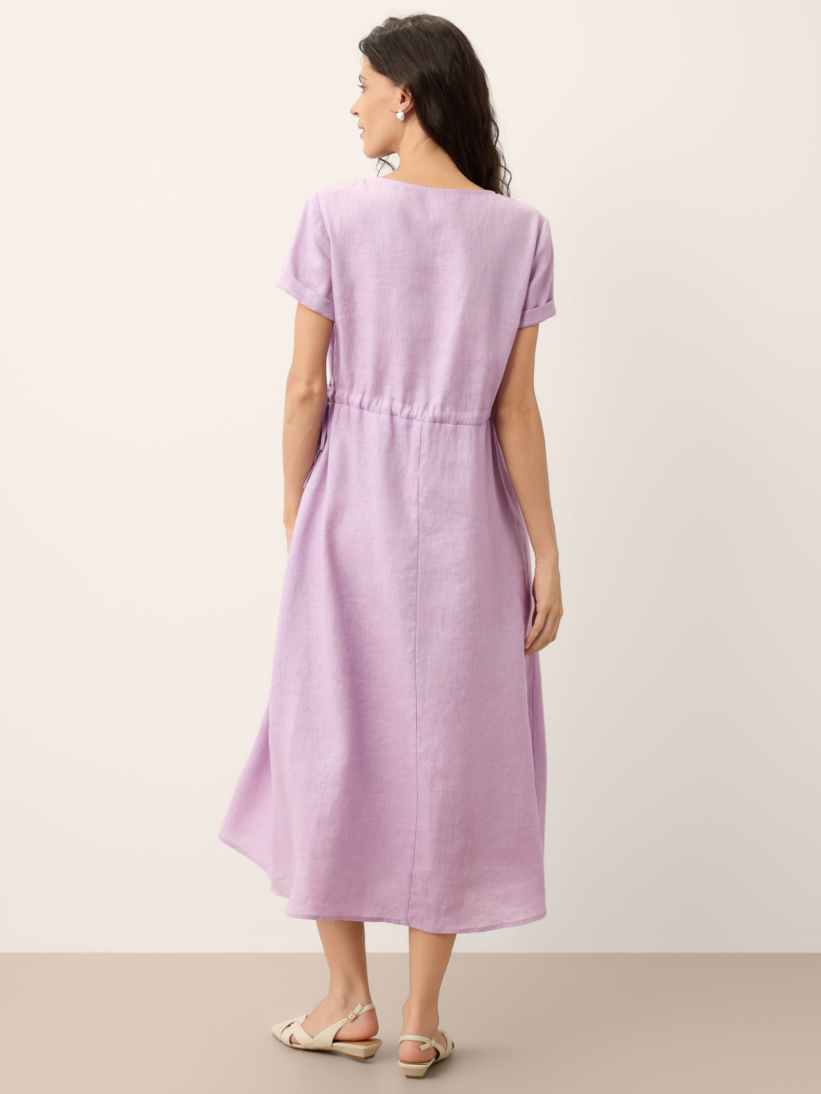 100% Linen Drawstring Waist Button Detail Midi Dress SENNA-LINTICO
