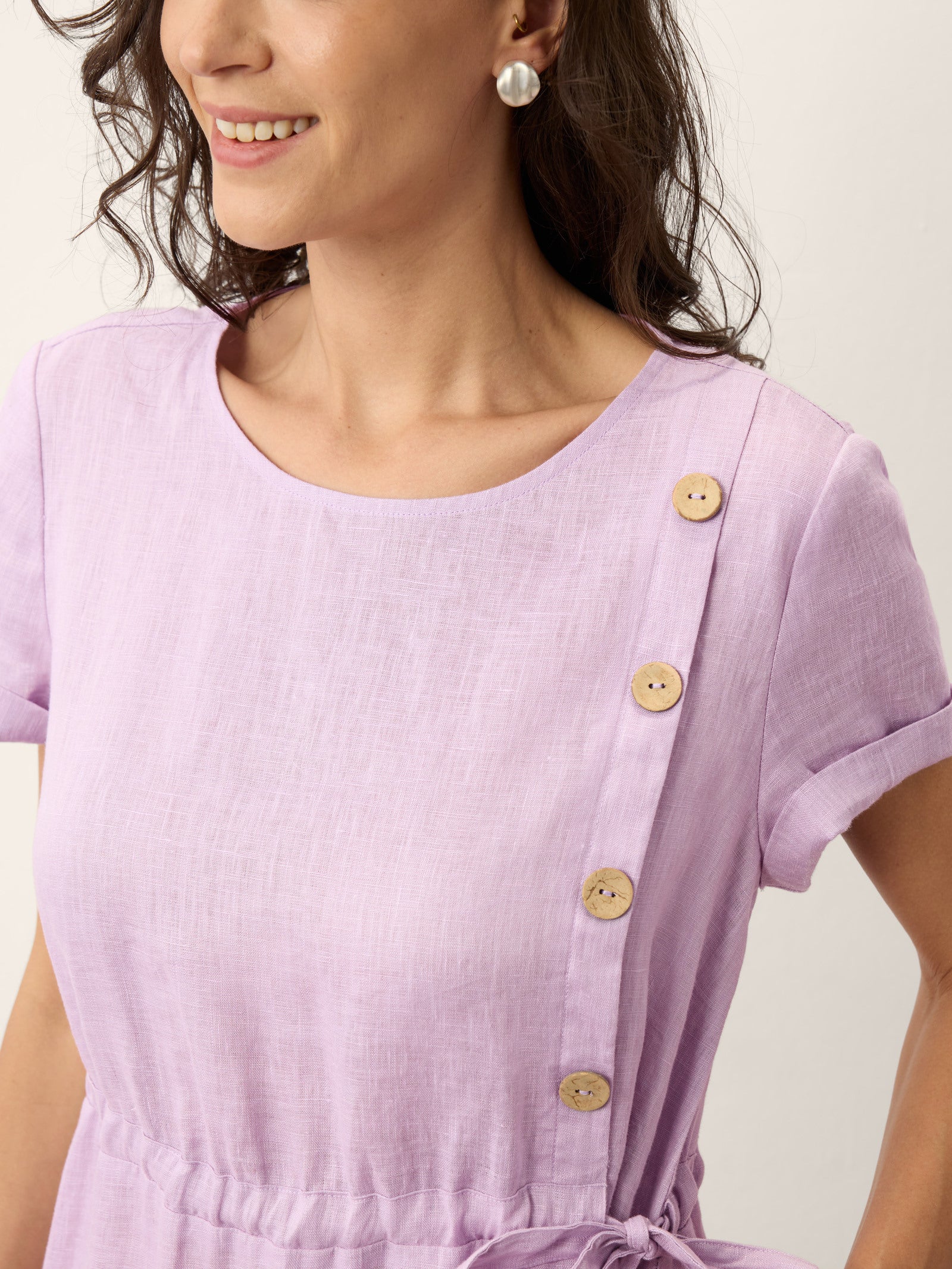 100% Linen Drawstring Waist Button Detail Midi Dress SENNA-LINTICO