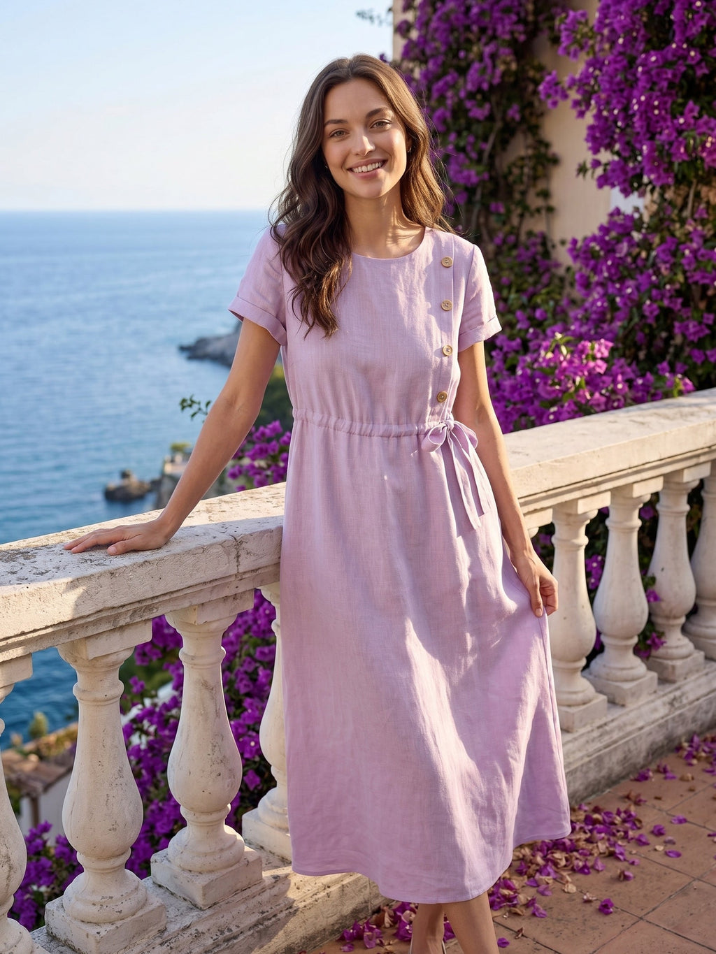 100% Linen Drawstring Waist Button Detail Midi Dress SENNA-LINTICO