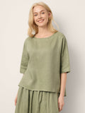 100% Linen Drop Shoulder Shirred Back High-Low Hem Top LINDSEY