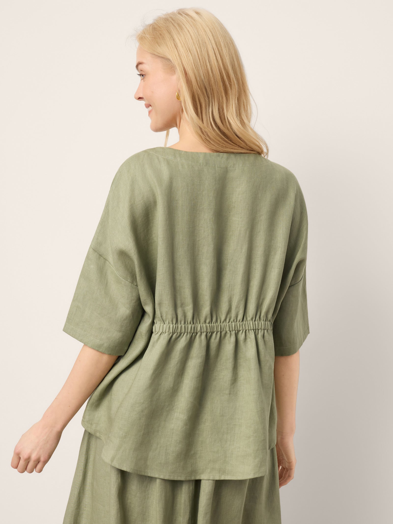 100% Linen Drop Shoulder Shirred Back High-Low Hem Top LINDSEY