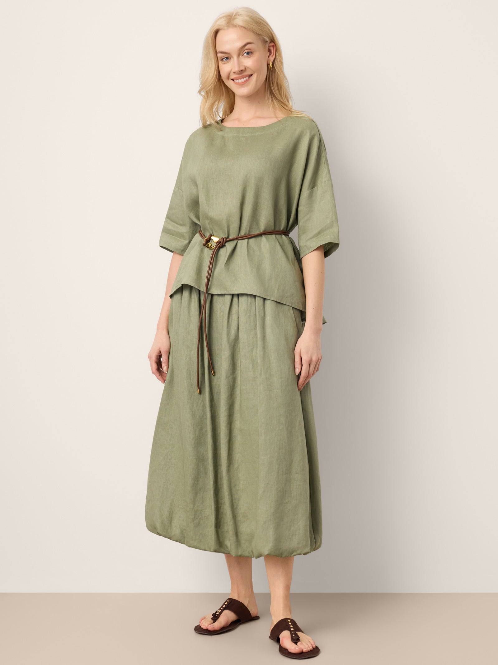 100% Linen Drop Shoulder Shirred Back High-Low Hem Top LINDSEY