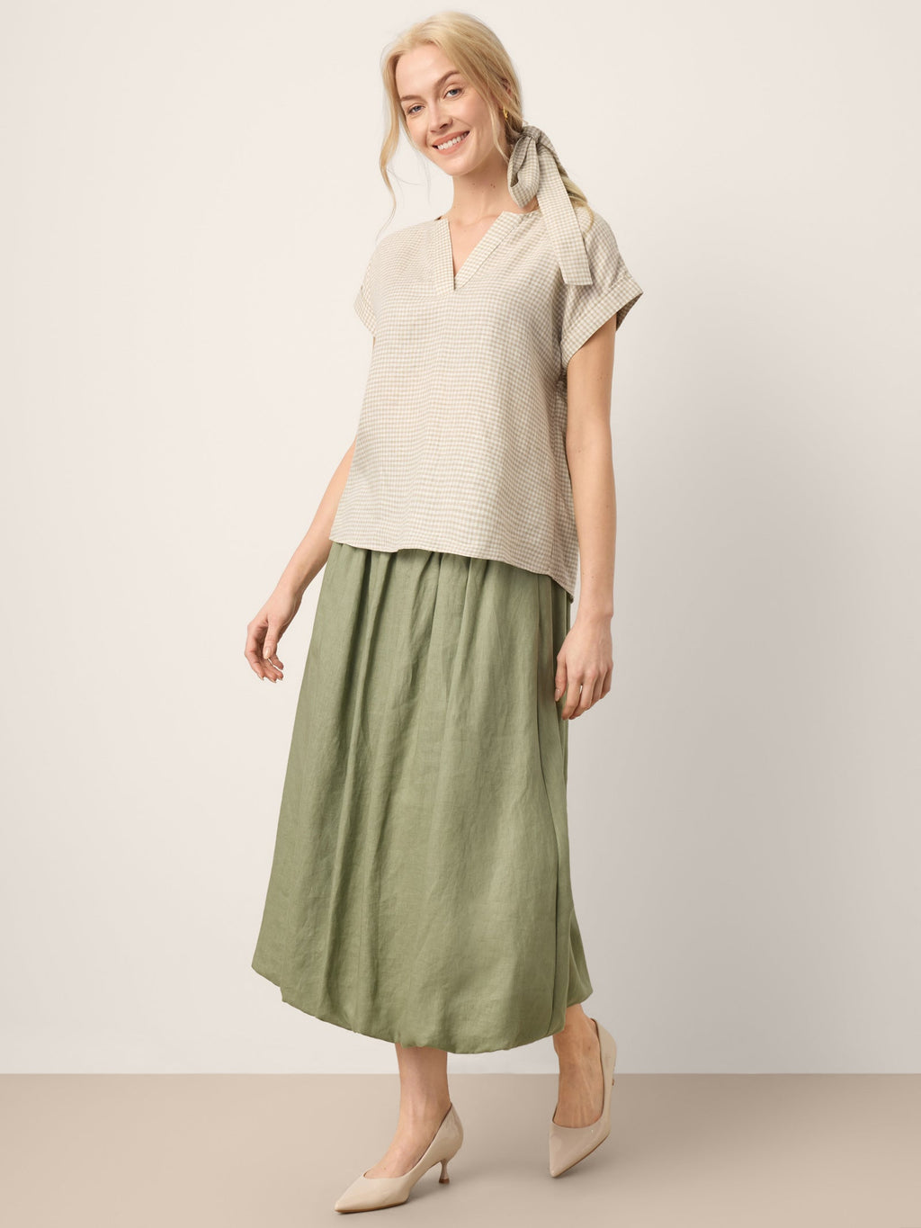 100% Linen Plaid Detachable Tie-Belt Split-Neck Top LEXIE