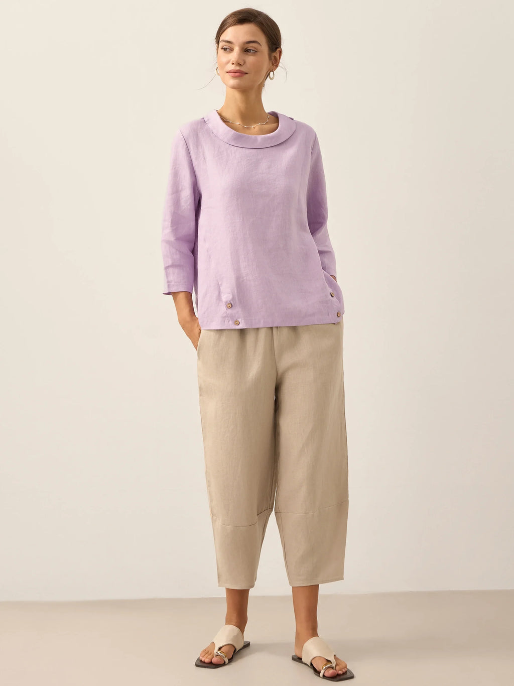 Linen Round Soft-Fold Collar Top LAURA