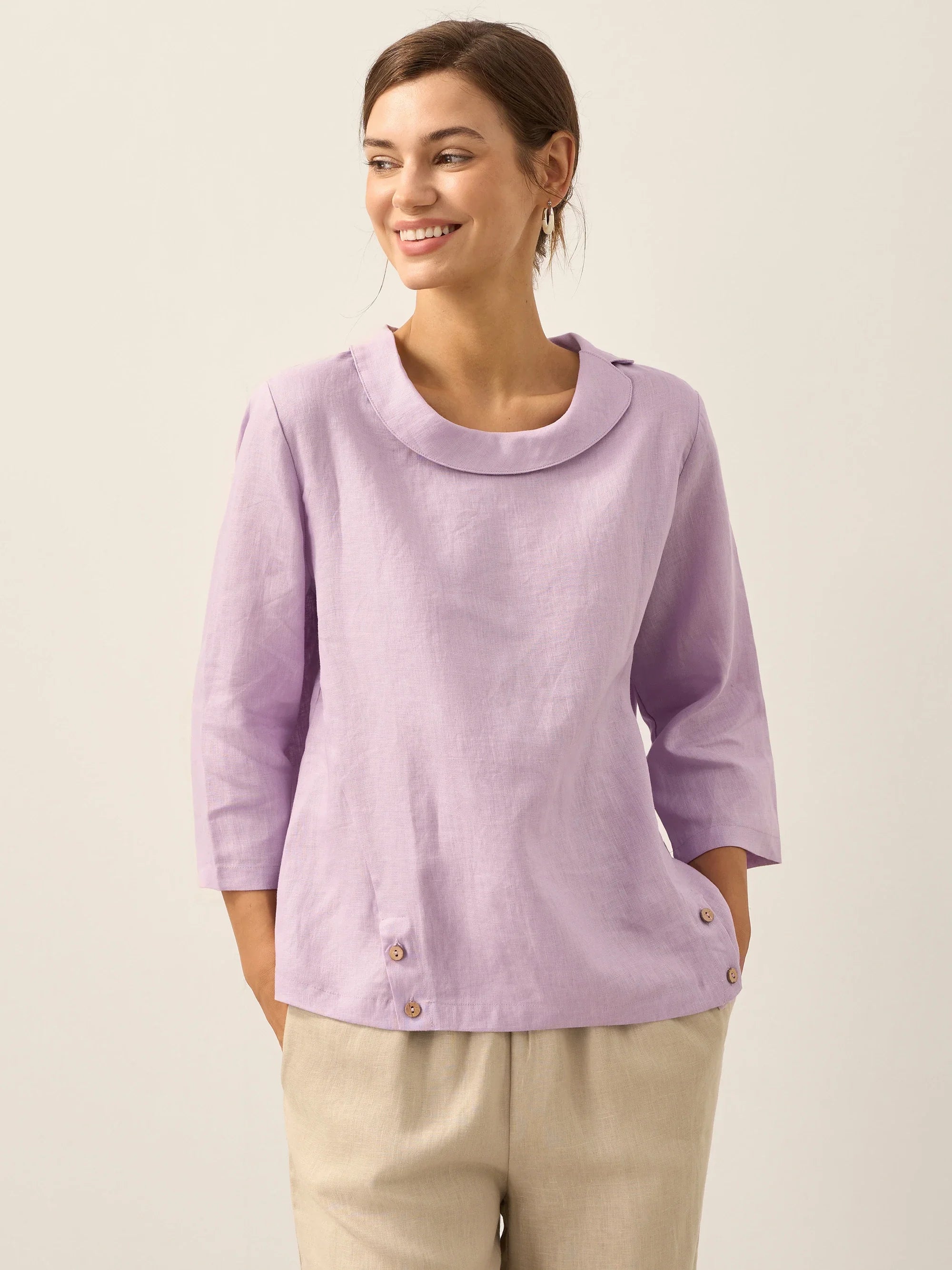 Linen Round Soft-Fold Collar Top LAURA-LINTICO