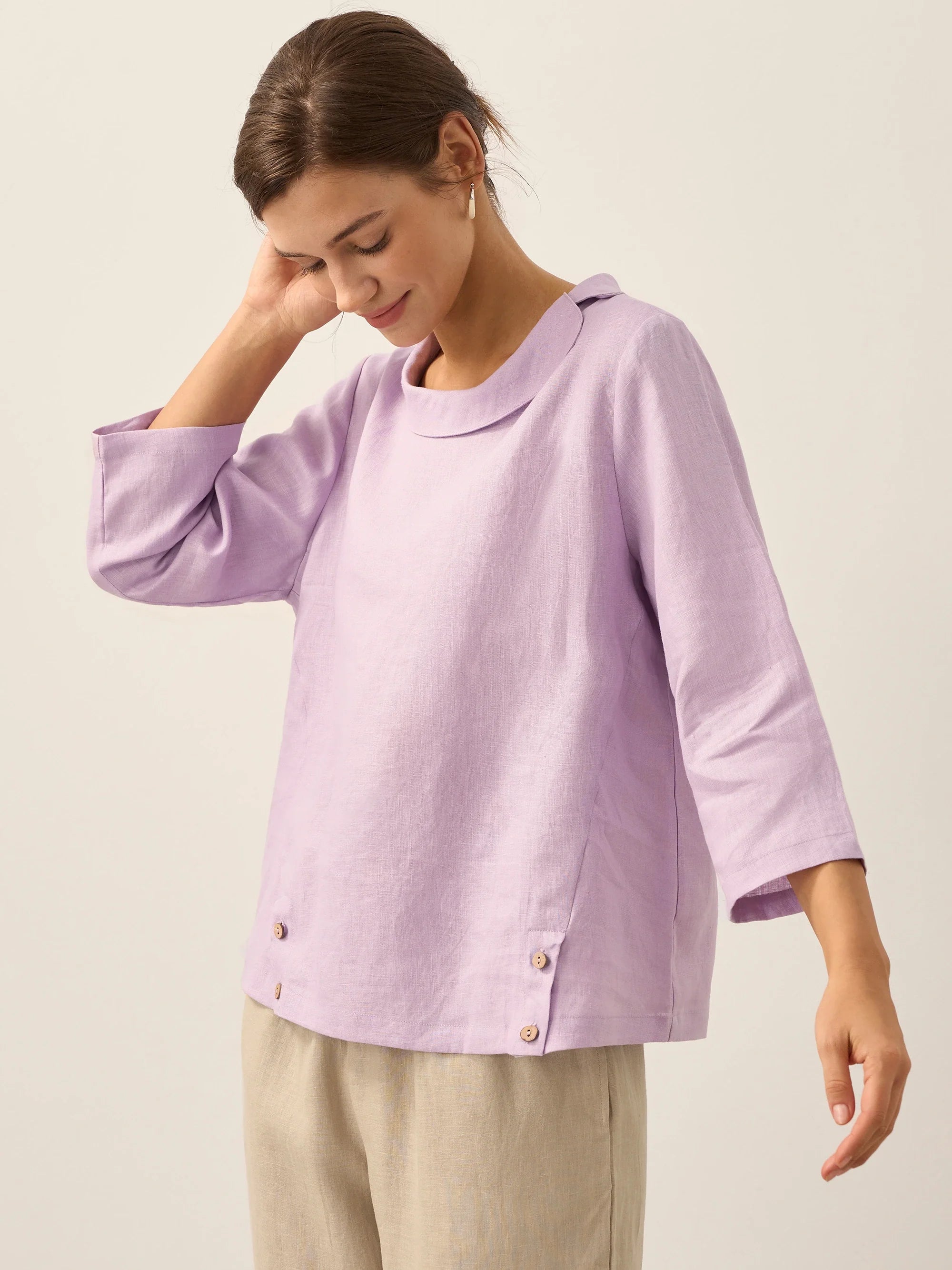 Linen Round Soft-Fold Collar Top LAURA