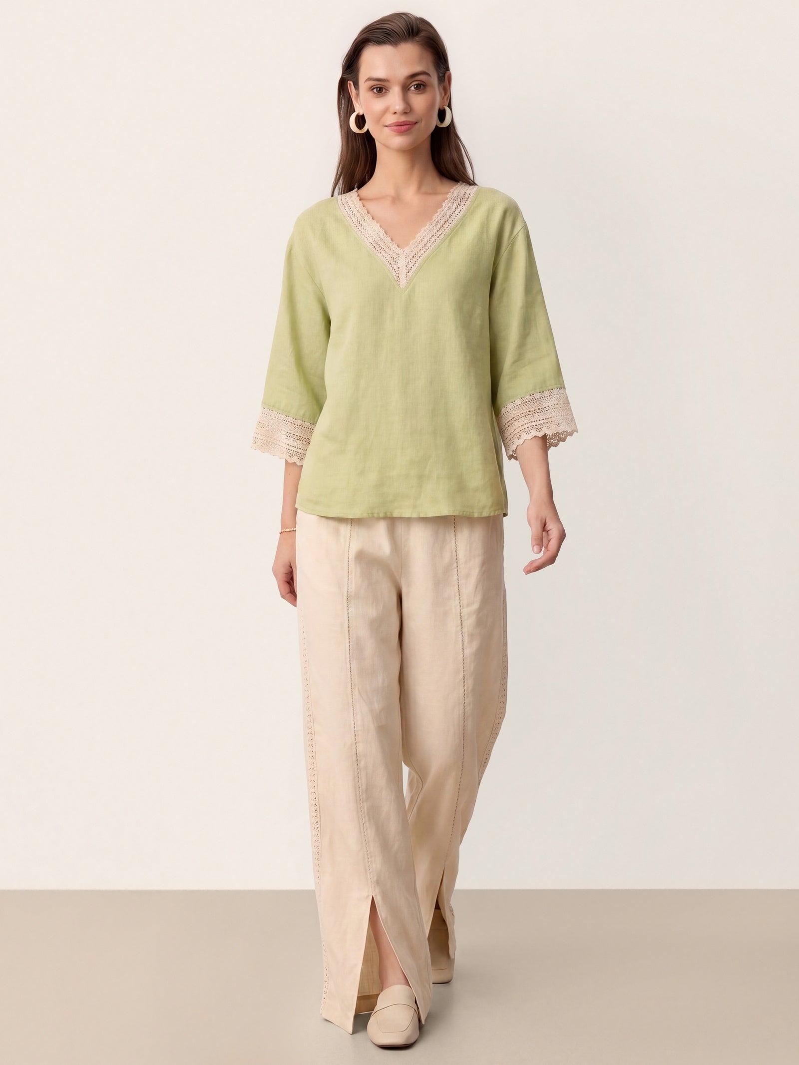 100% Linen Lace-Trim V-Neck Top KEELY