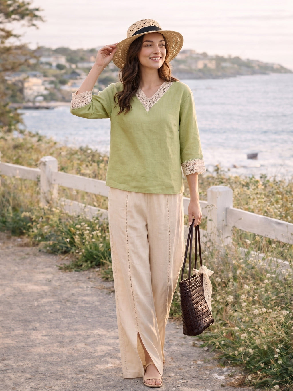 100% Linen Lace-Trim V-Neck Top KEELY