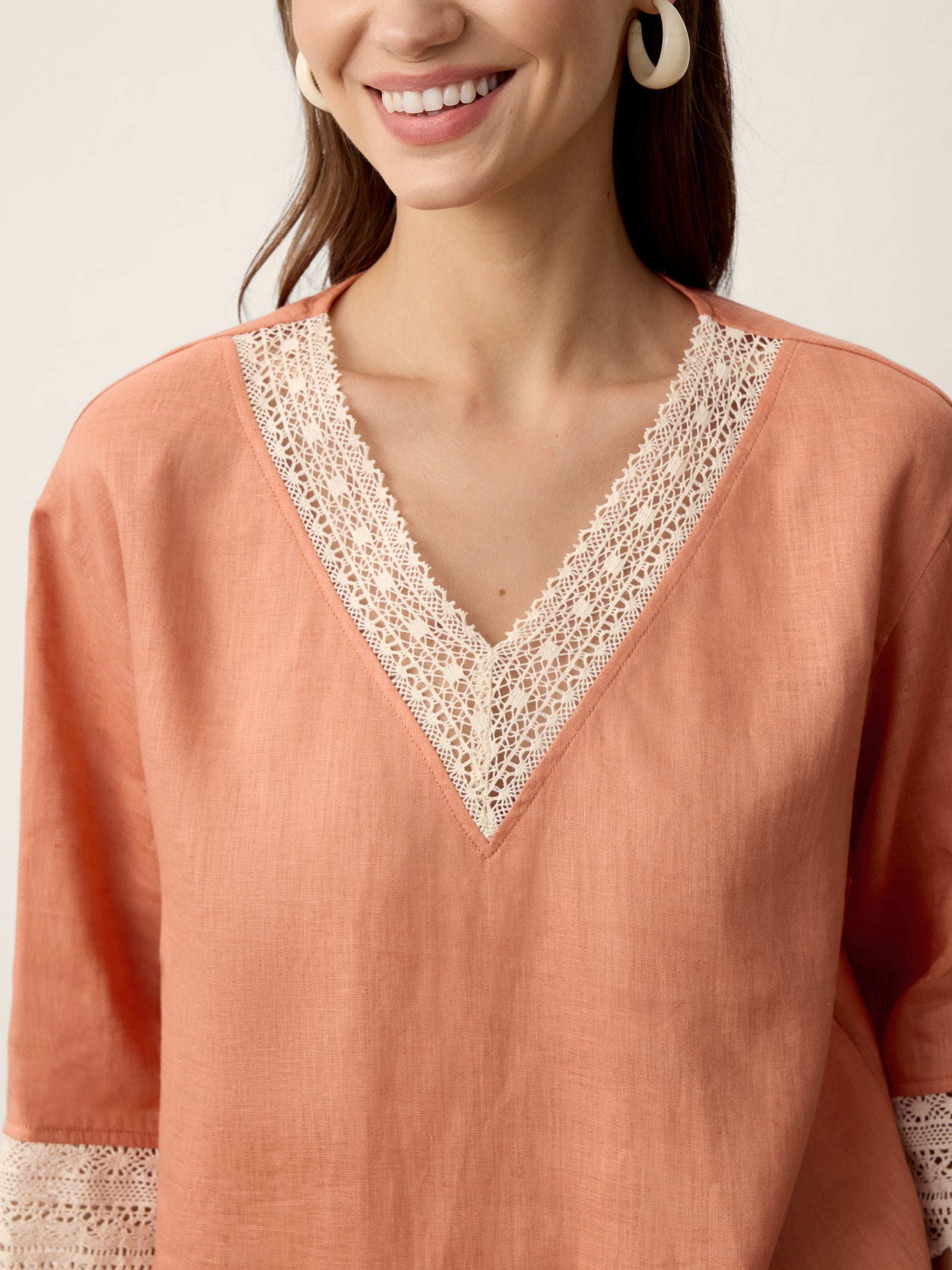 100% Linen Lace-Trim V-Neck Top KEELY