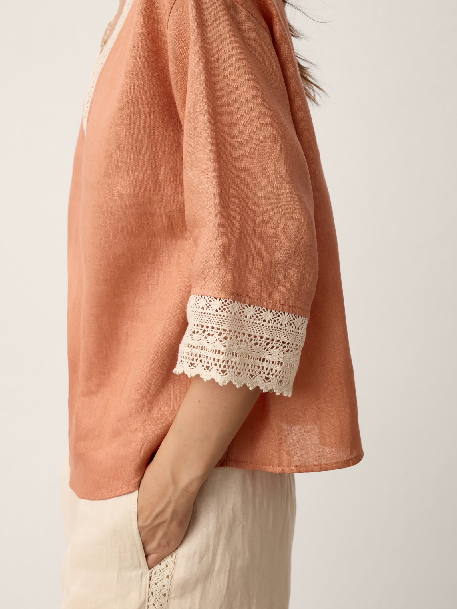 100% Linen Lace-Trim V-Neck Top KEELY