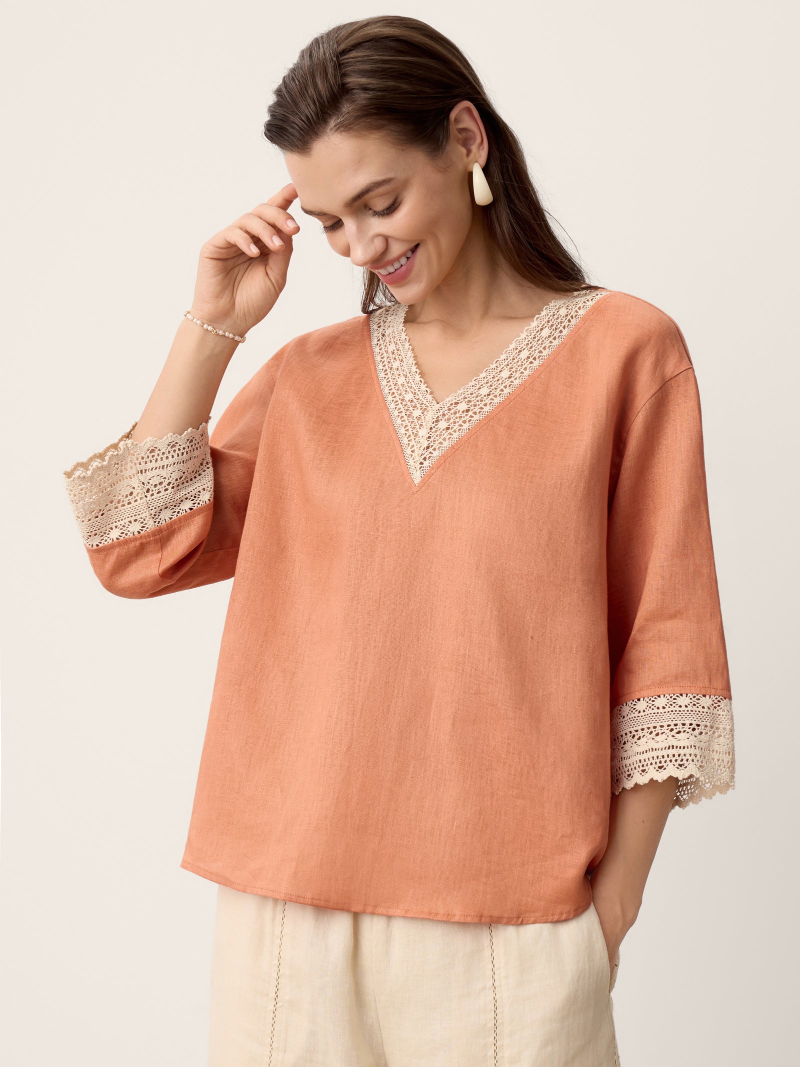 100% Linen Lace-Trim V-Neck Top KEELY