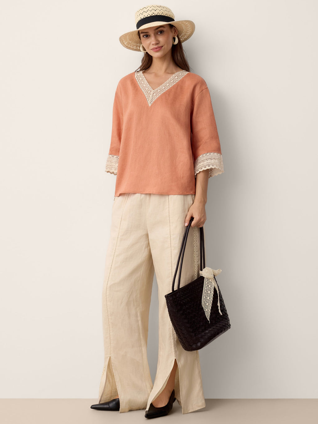 100% Linen Lace-Trim V-Neck Top KEELY