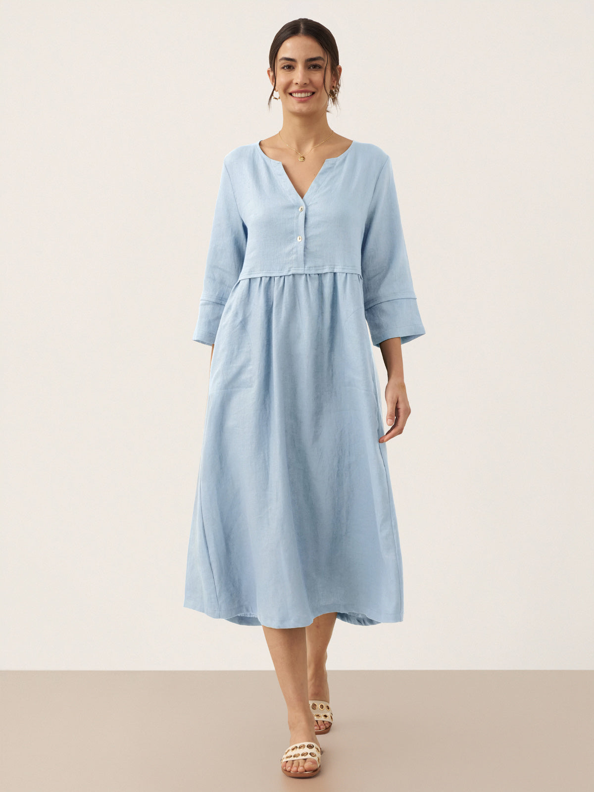 100% Linen Loose Fit Button Waist Gathered Midi Dress LUNA-LINTICO