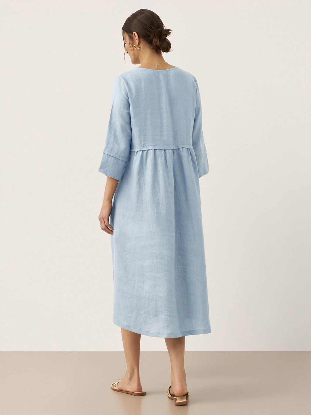 100% Linen Loose Fit Button Waist Gathered Midi Dress LUNA-LINTICO
