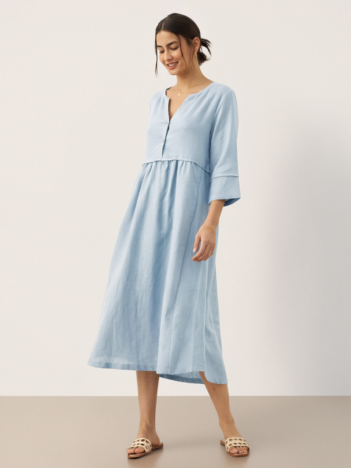 100% Linen Loose Fit Button Waist Gathered Midi Dress LUNA-LINTICO