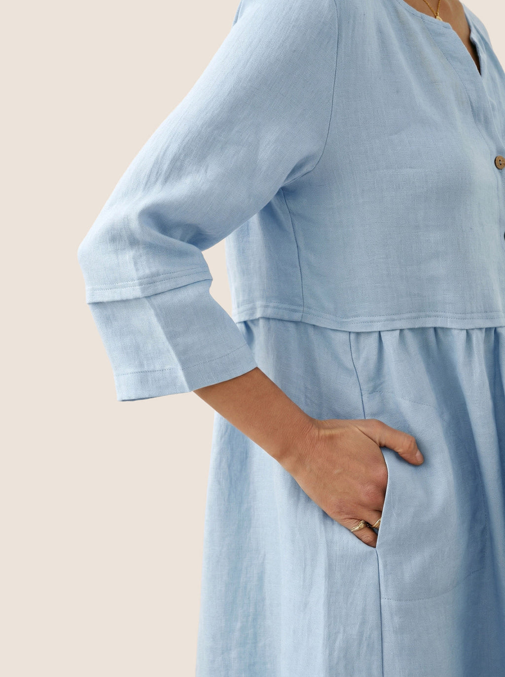100% Linen Loose Fit Button Waist Gathered Midi Dress LUNA-LINTICO