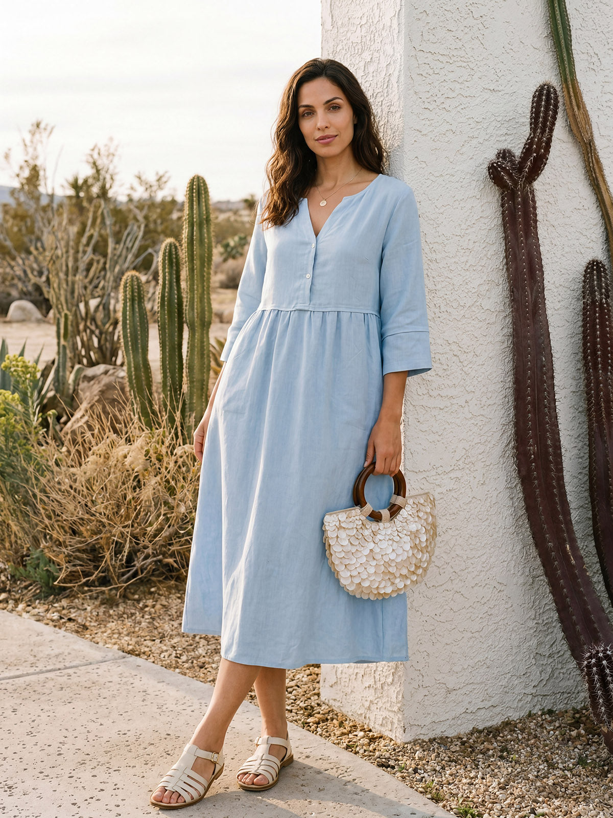 100% Linen Loose Fit Button Waist Gathered Midi Dress LUNA-LINTICO