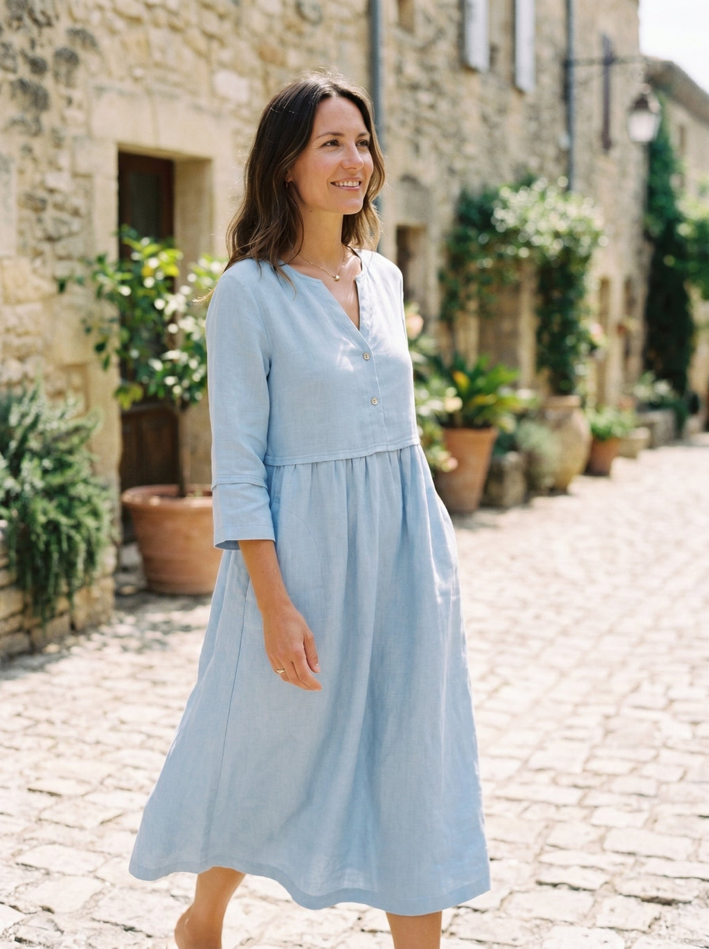 100% Linen Loose Fit Button Waist Gathered Midi Dress LUNA-LINTICO