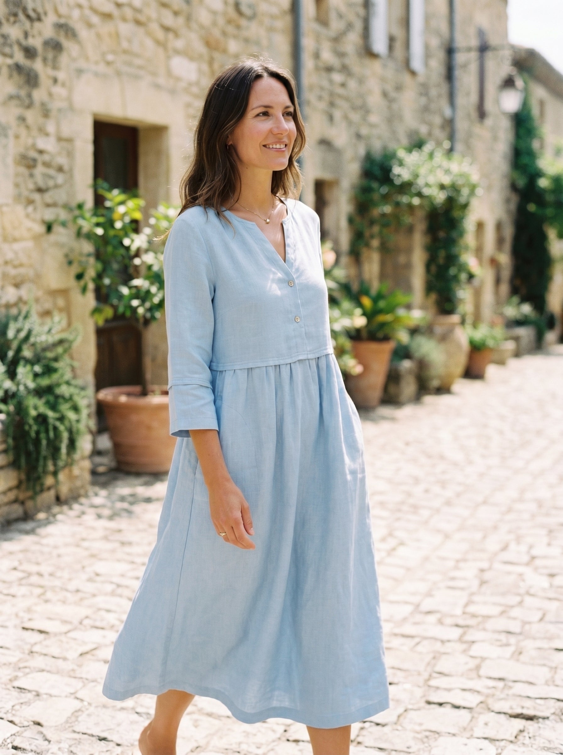 100% Linen Loose Fit Button Waist Gathered Midi Dress LUNA-LINTICO