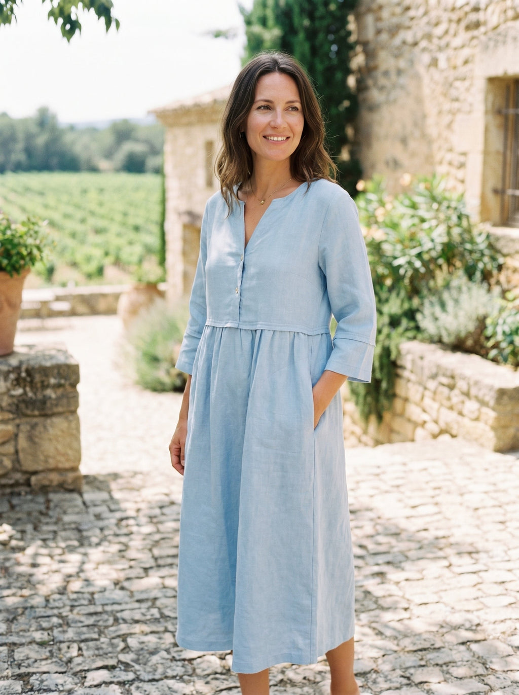 100% Linen Loose Fit Button Waist Gathered Midi Dress LUNA-LINTICO