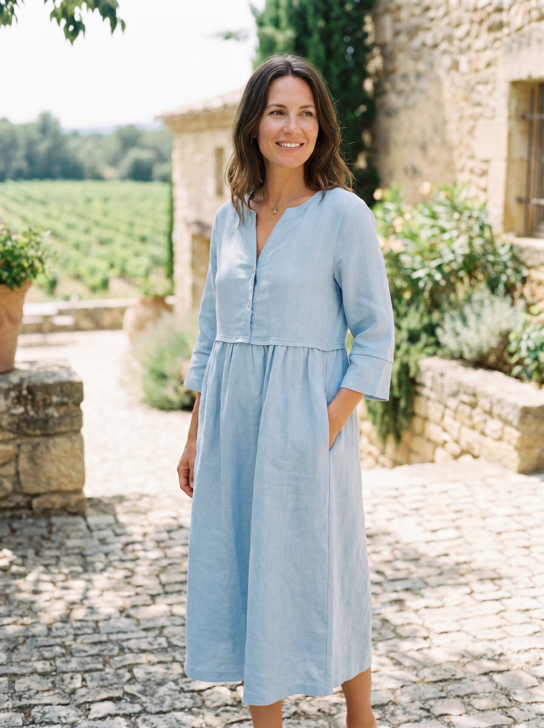 100% Linen Loose Fit Button Waist Gathered Midi Dress LUNA-LINTICO