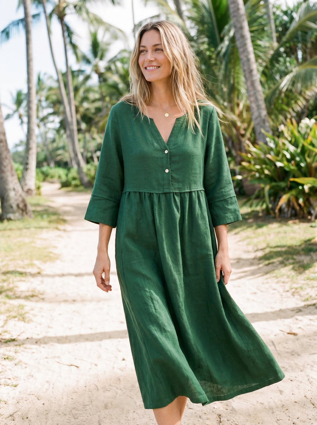 100% Linen Loose Fit Button Waist Gathered Midi Dress LUNA-LINTICO