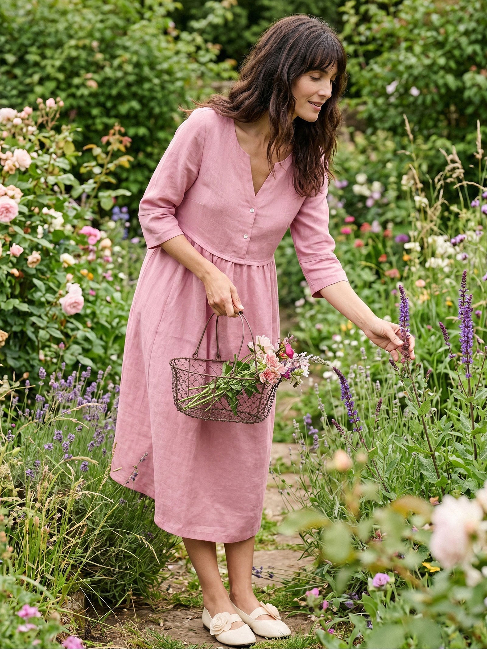 100% Linen Loose Fit Button Waist Gathered Midi Dress LUNA-LINTICO