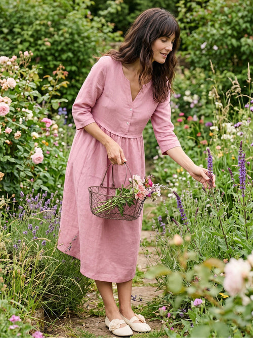 100% Linen Loose Fit Button Waist Gathered Midi Dress LUNA-LINTICO
