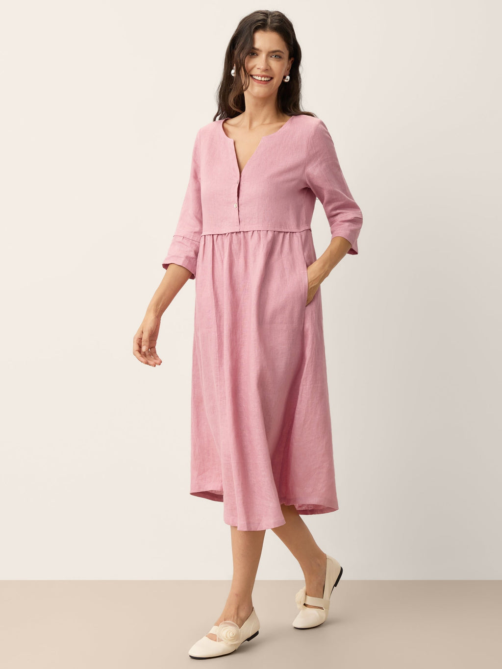 100% Linen Loose Fit Button Waist Gathered Midi Dress LUNA-LINTICO