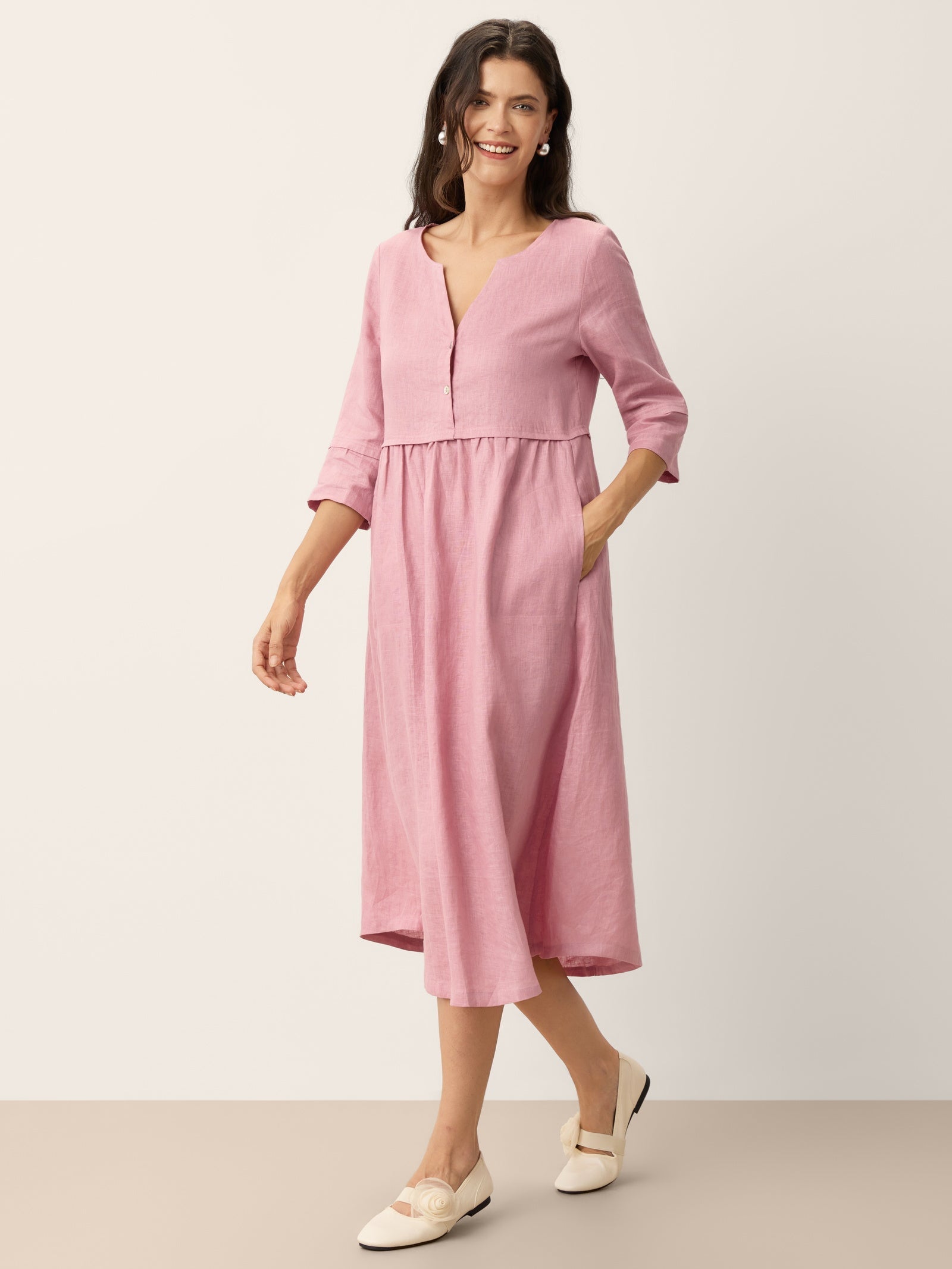100% Linen Loose Fit Button Waist Gathered Midi Dress LUNA-LINTICO