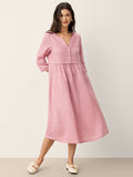 100% Linen Loose Fit Button Waist Gathered Midi Dress LUNA-LINTICO