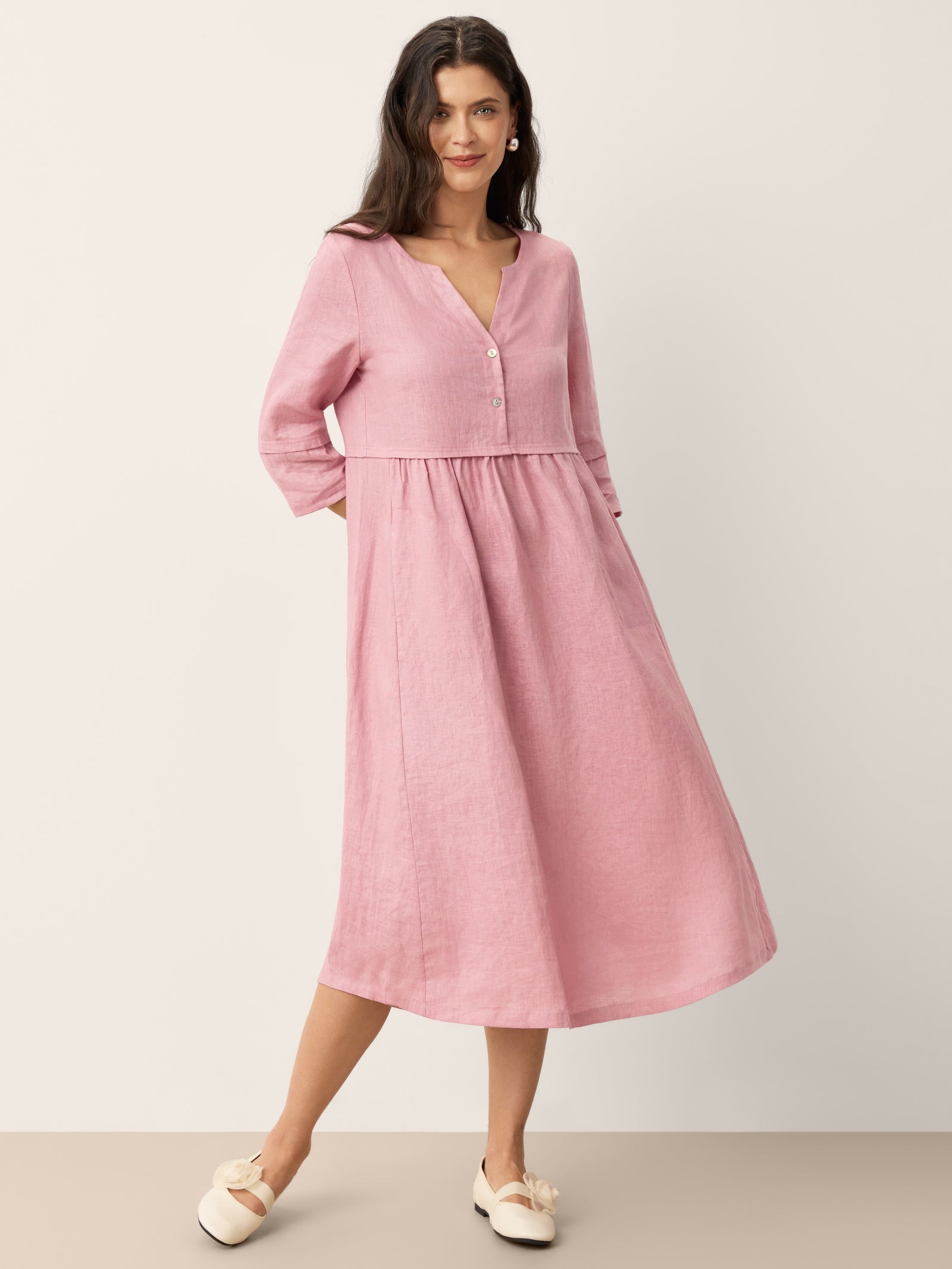 100% Linen Loose Fit Button Waist Gathered Midi Dress LUNA-LINTICO