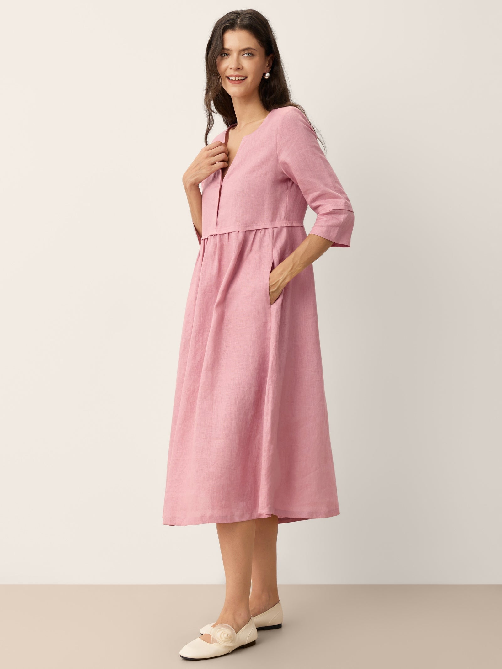 100% Linen Loose Fit Button Waist Gathered Midi Dress LUNA-LINTICO