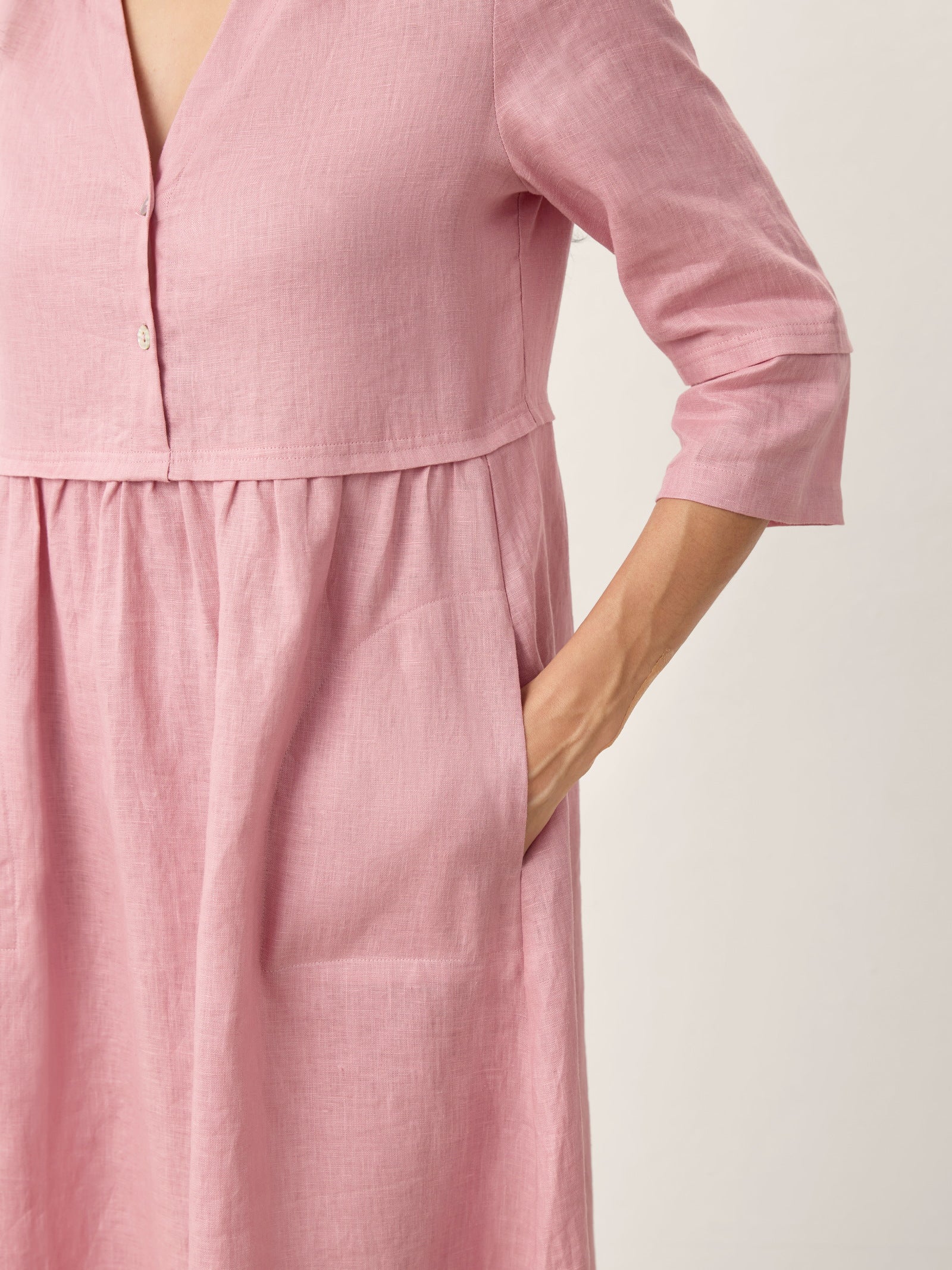 100% Linen Loose Fit Button Waist Gathered Midi Dress LUNA-LINTICO