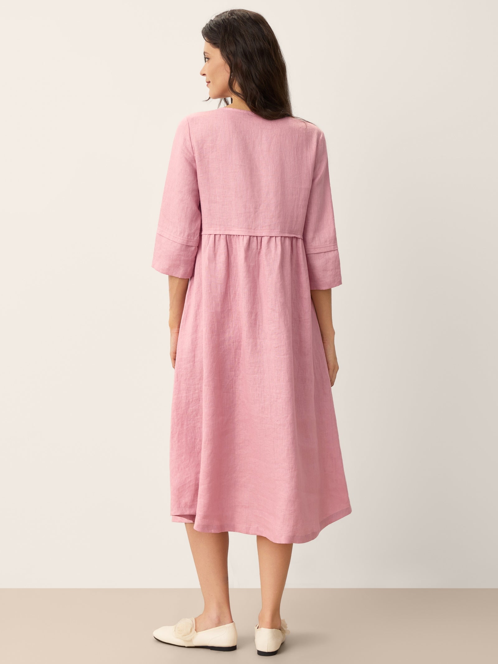 100% Linen Loose Fit Button Waist Gathered Midi Dress LUNA-LINTICO