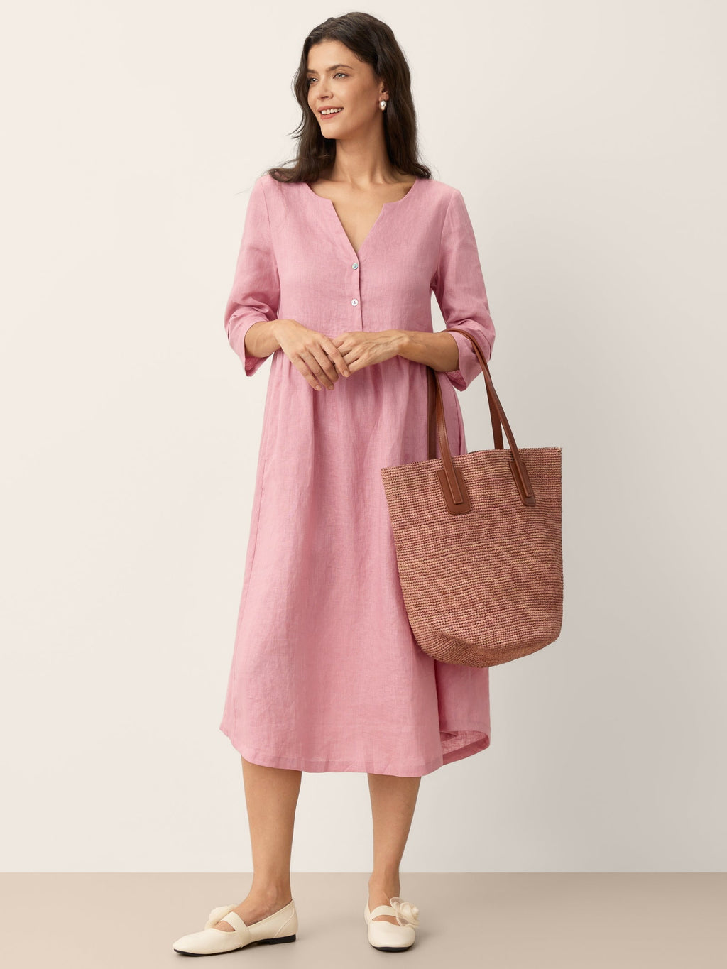 100% Linen Loose Fit Button Waist Gathered Midi Dress LUNA-LINTICO