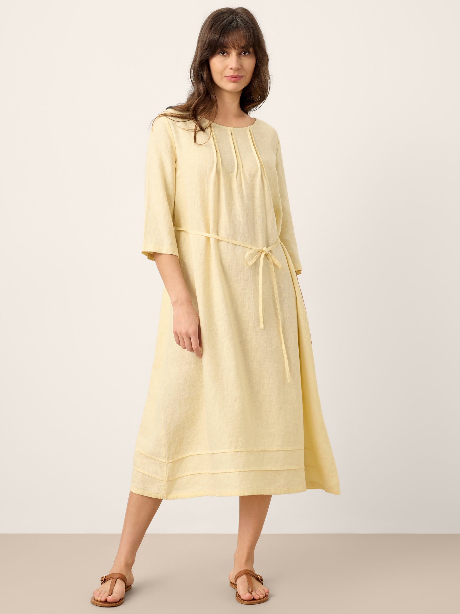 100% Linen Pintucked Embroidered Adjustable Belt Tiered Midi Dres VERENA