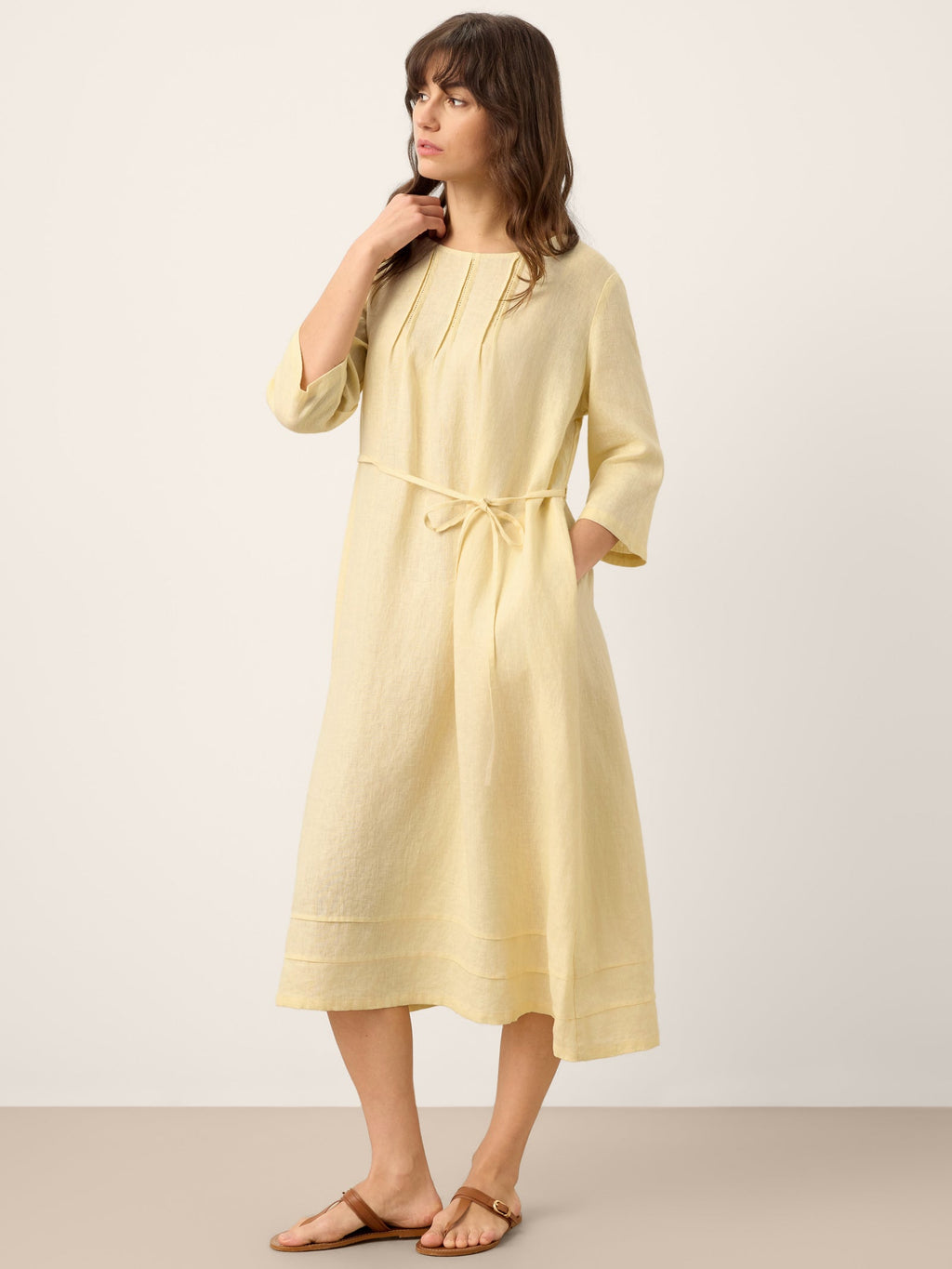 100% Linen Pintucked Embroidered Adjustable Belt Tiered Midi Dres VERENA